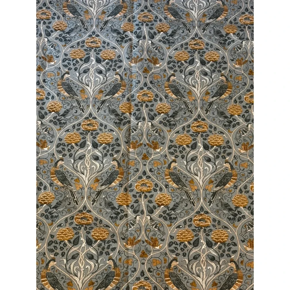 William Morris Style Birds Floral Shower Curtain Blue Gray Cottagecore 71x72